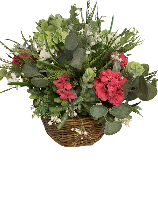 Faux Floral Basket with Geranium and Hydrangea