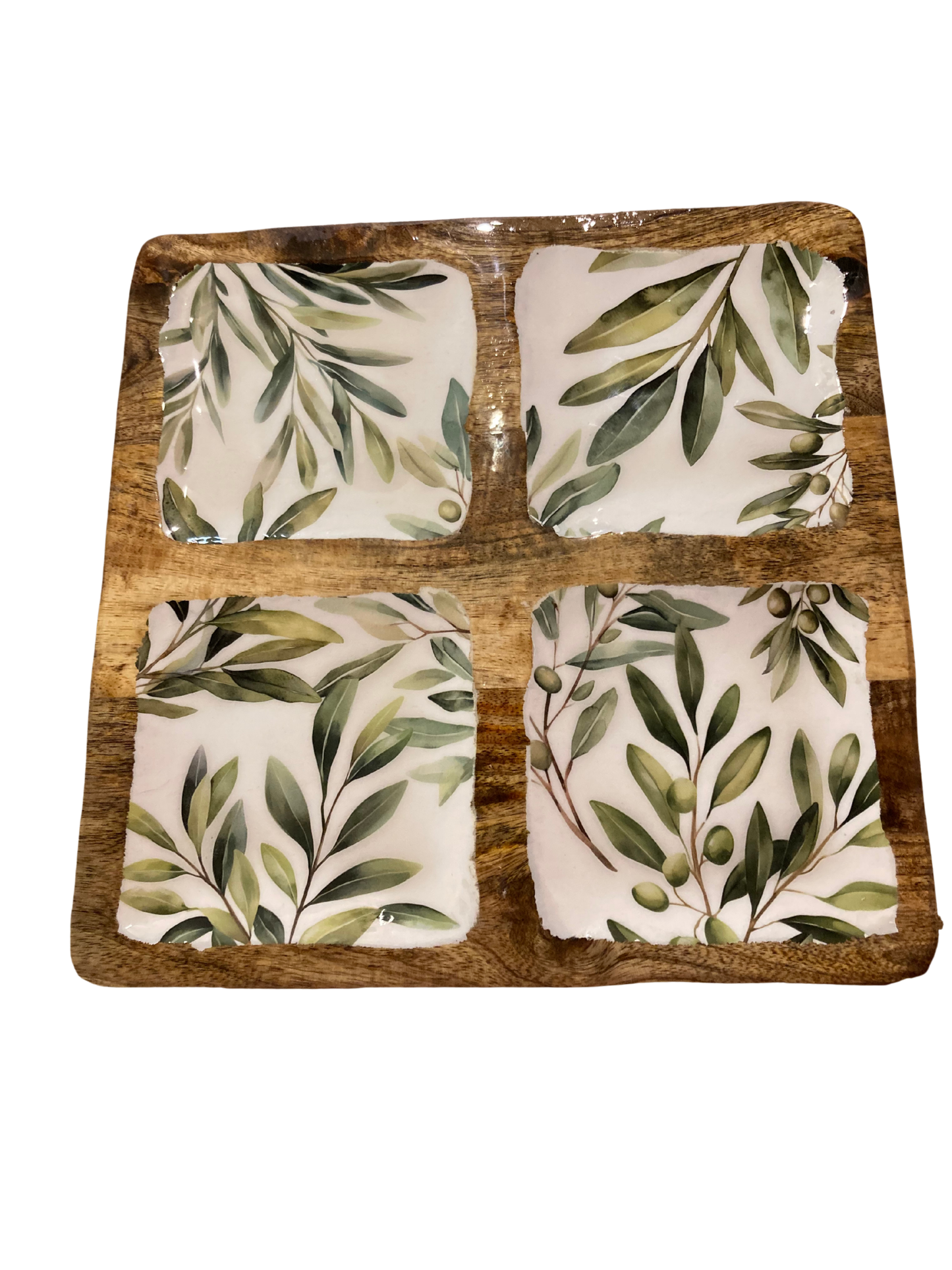 Olive Wooden Square Serving Dish with 4 Sections