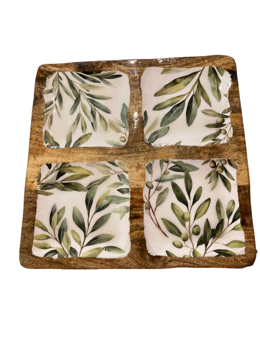Olive Wooden Square Serving Dish with 4 Sections