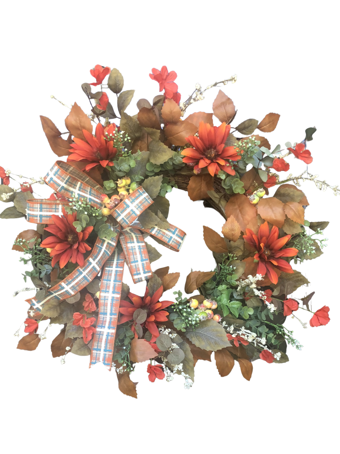 Harvest Bloom Wreath with Blue and Orange Plaid Ribbon *Pick Up Only