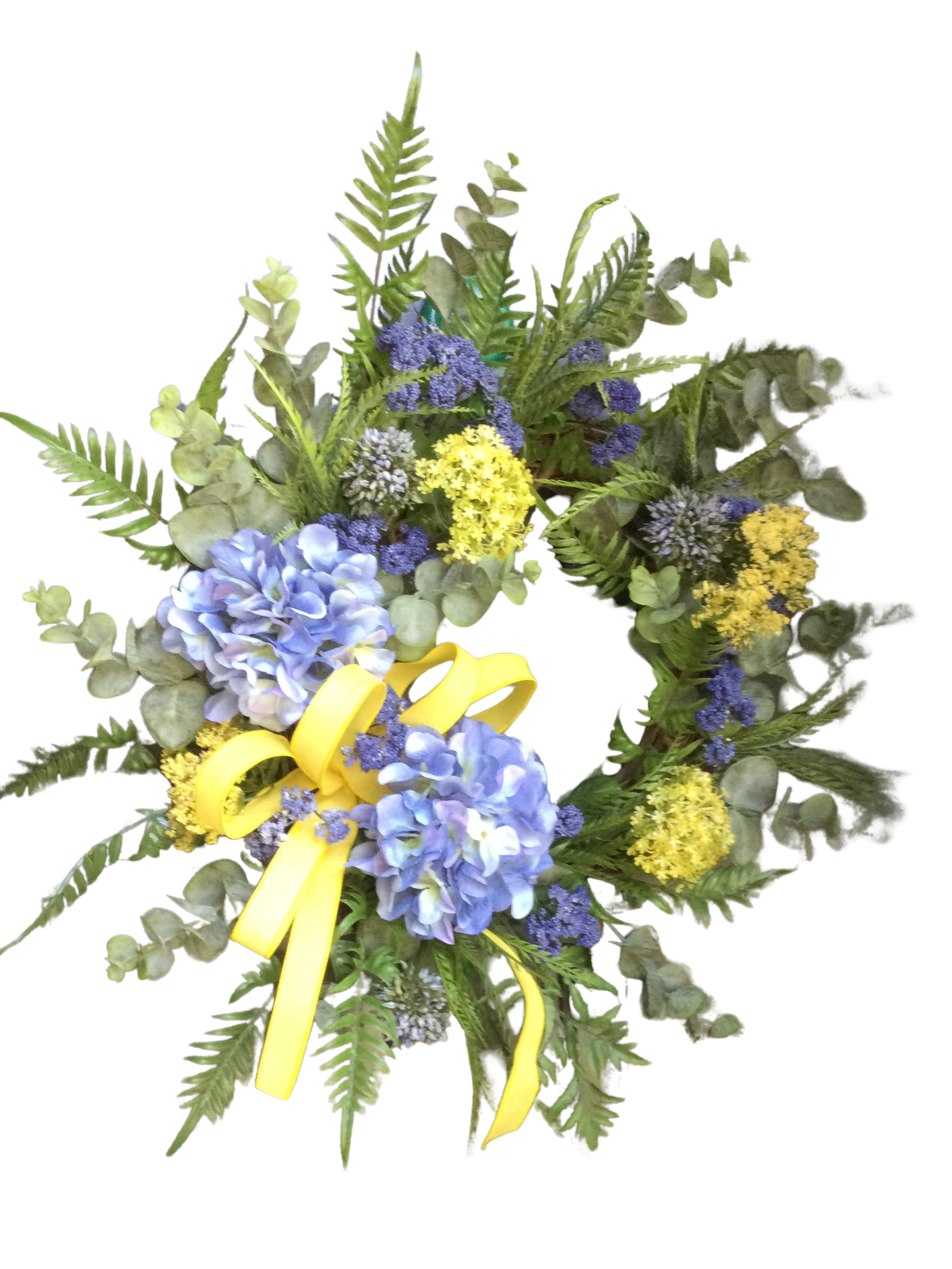 Blue Hydrangea Wreath with Yellow Ribbon *Store Pick Up Only