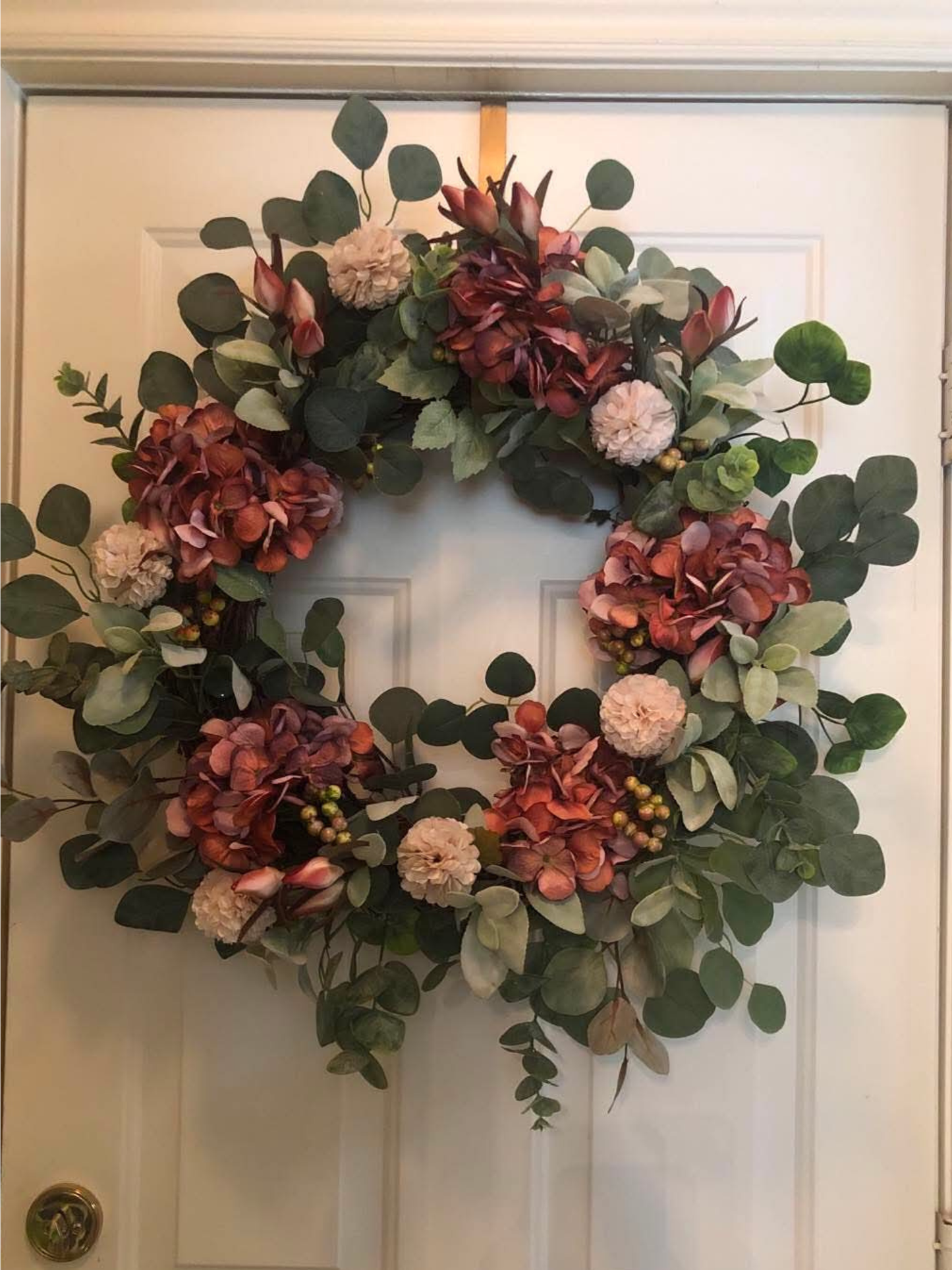 Dusty Rose Hydrangea Wreath with Apricot Camellia Blooms *Store Pick Up Only
