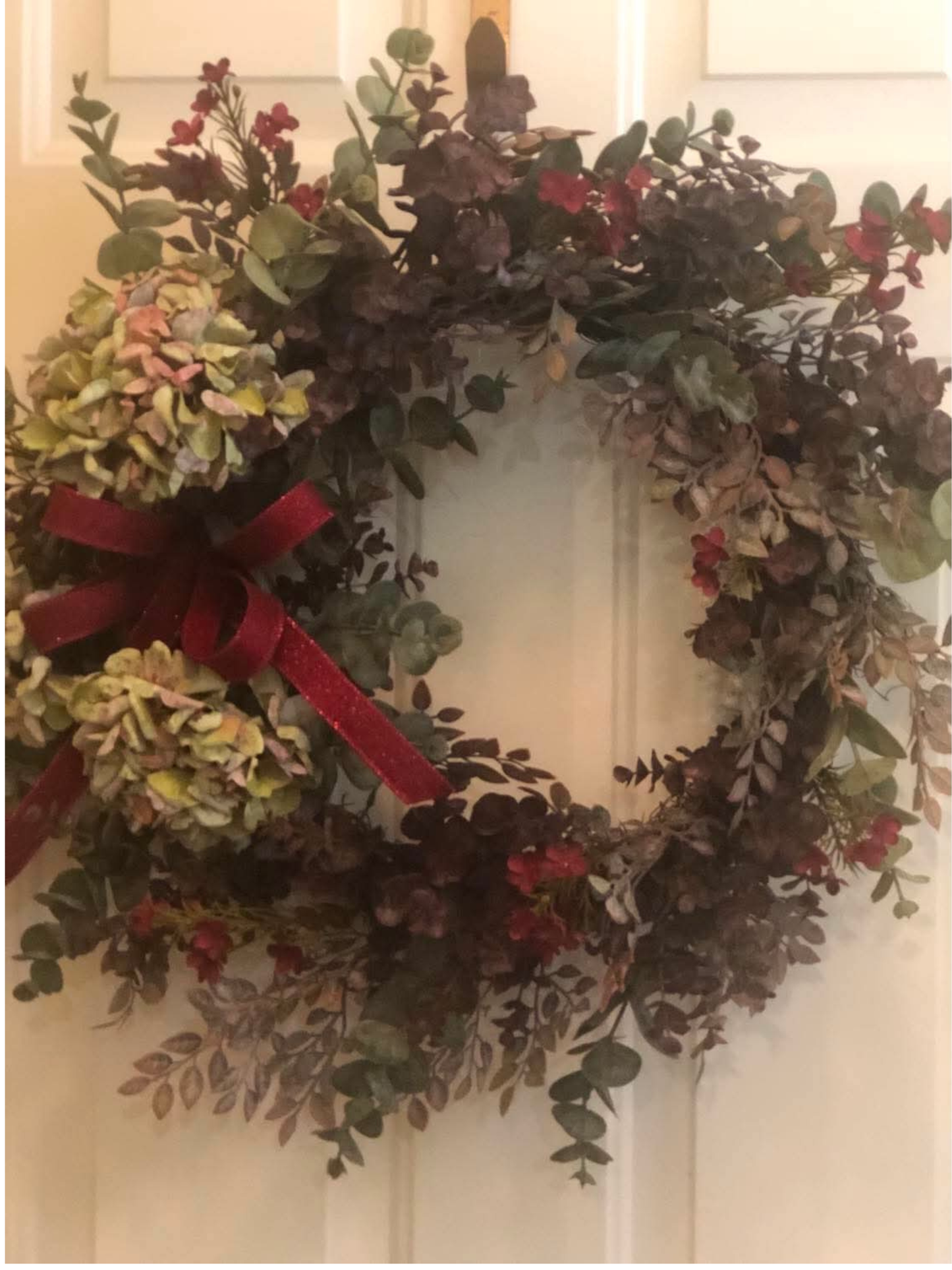 Hydrangea Wreath with Burgundy Flowers and Burgundy Bow *Store Pick Up Only
