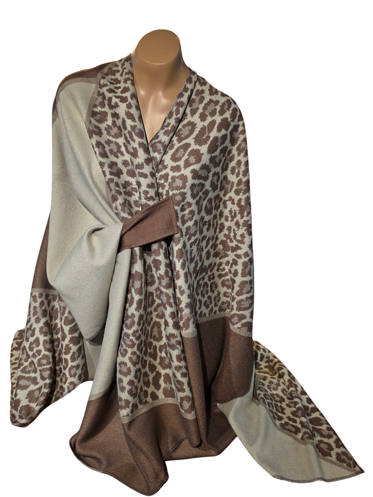 Taupe and Cream Leopard Print Cashmere Wrap