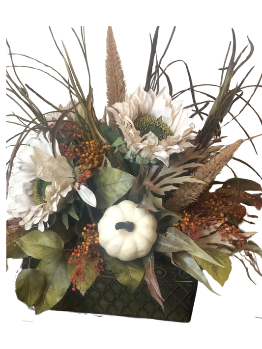 White Pumpkins and Sunflowers Floral Arrangement in Bronze Tin *Store Pick Up Only