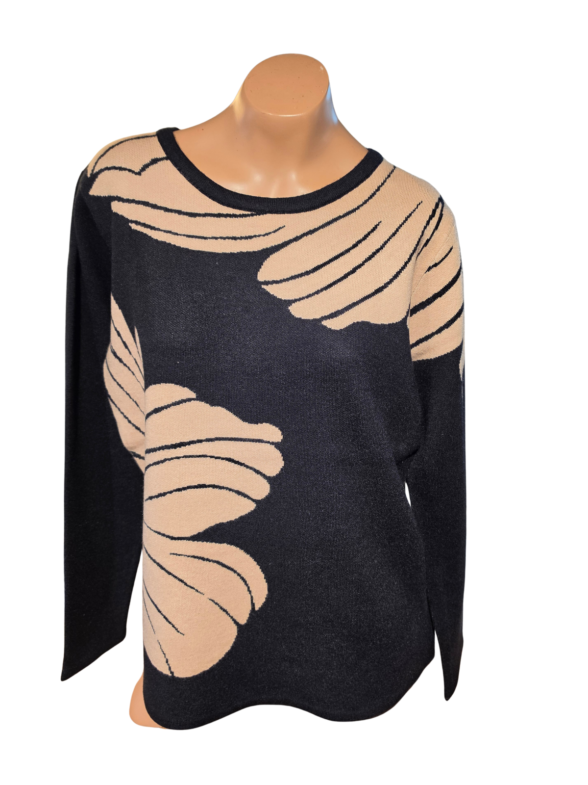 Black & Beige Abstract Floral Knit Sweater