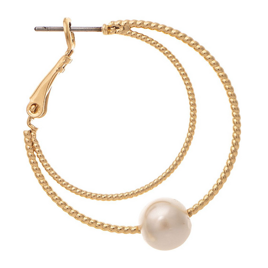 Gold Wire Hoop with Faux Pearl Earrings