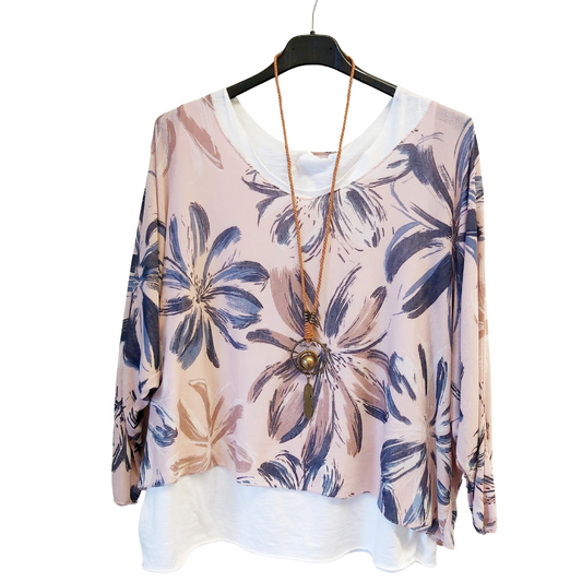 Pink Hibiscus Print Top with Feather Necklace