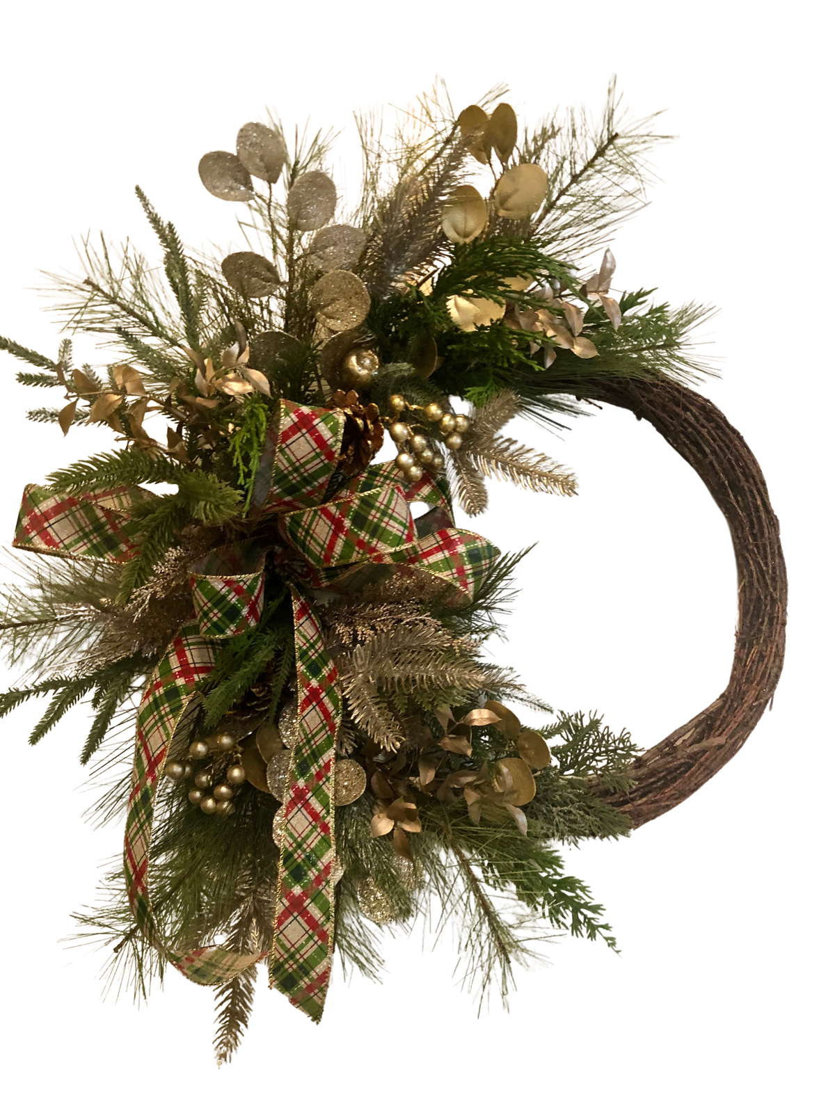 Pine and Gold with Plaid Glitter Ribbon Wreath