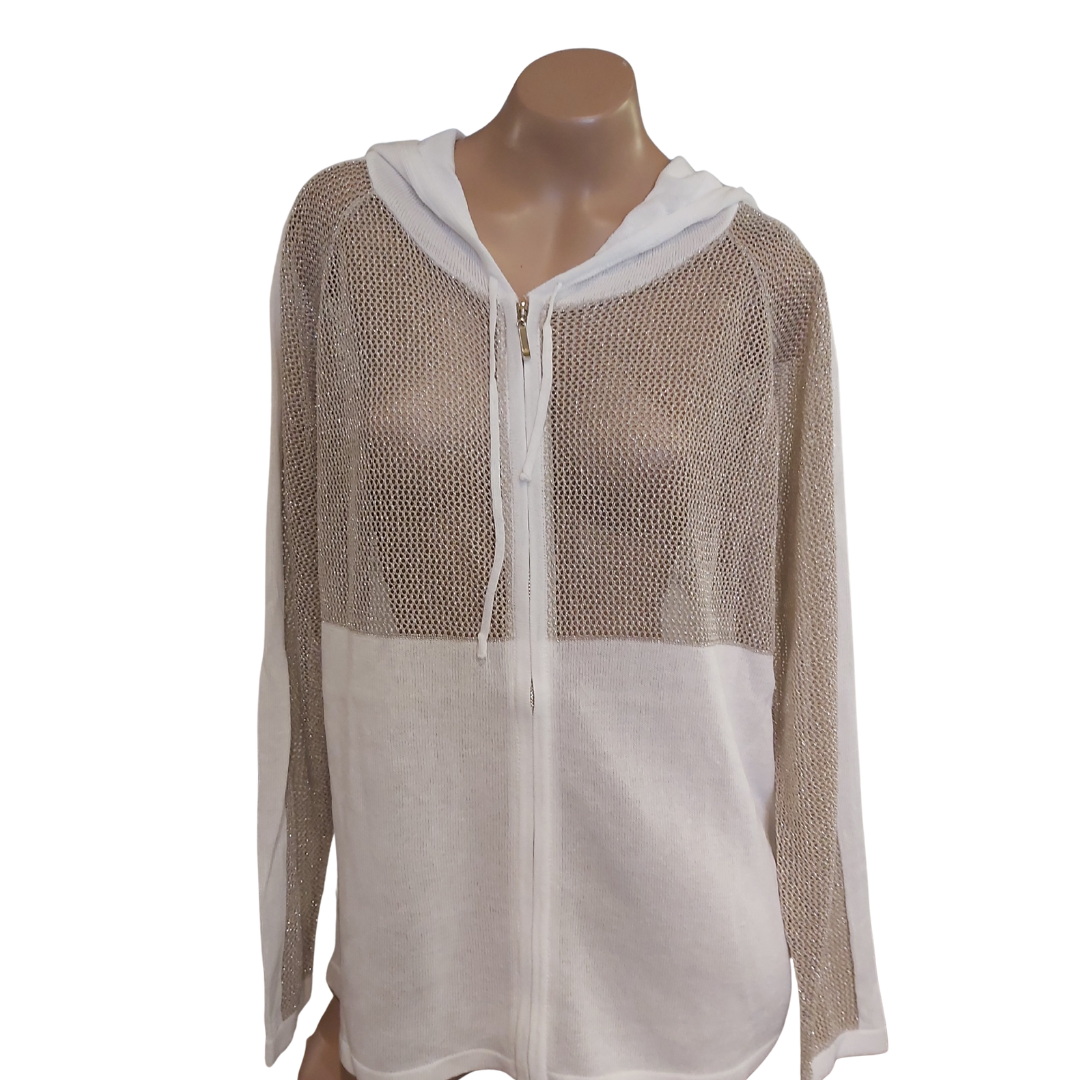 White and Taupe Zipper Cardigan with Hood