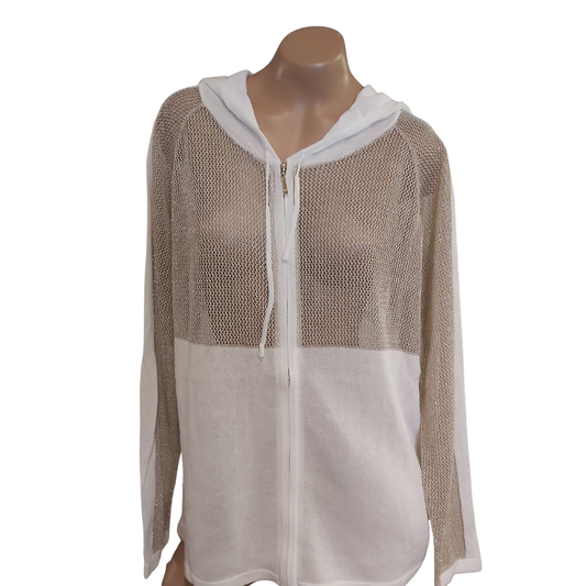 White and Taupe Zipper Cardigan with Hood