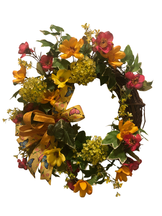 Pink and Yellow flowers with Ivy Wreath