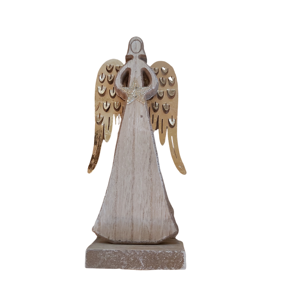 Wooden Angel with Gold Metal Wings