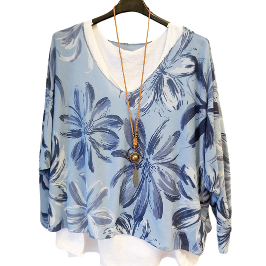 Blue Hibiscus Print Top with Feather Necklace