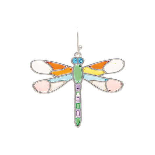Rain - Silver Multicolor Stained Glass Dragonfly Earring