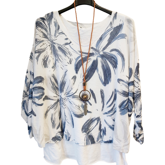 White Hibiscus Top with Feather Necklace