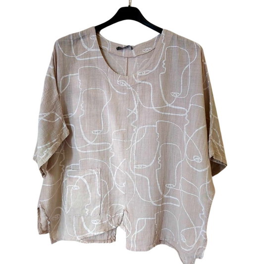 Beige Face Abstract Top