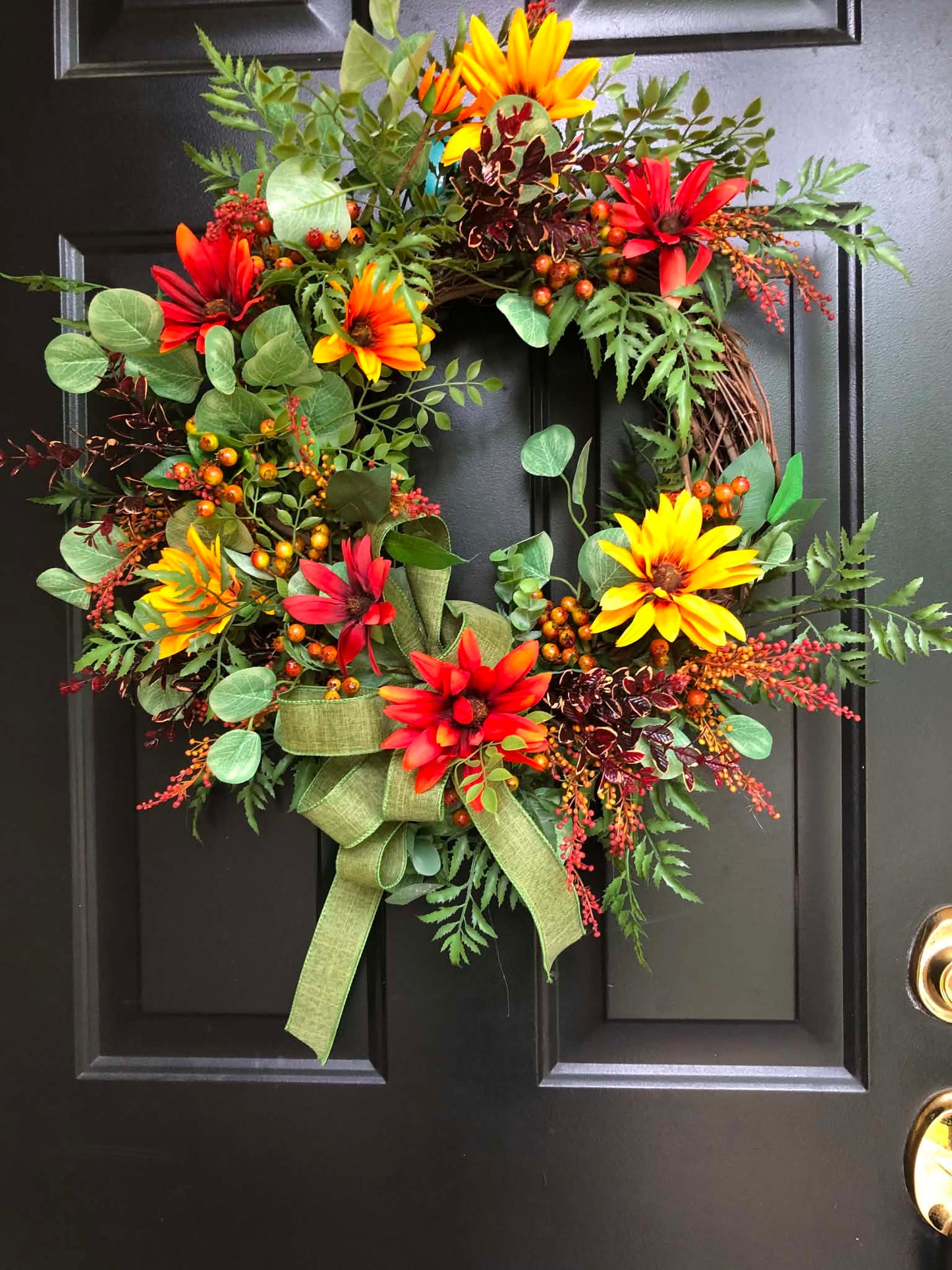 Wreath with Orange and Gold Sunflowers Green Ribbon