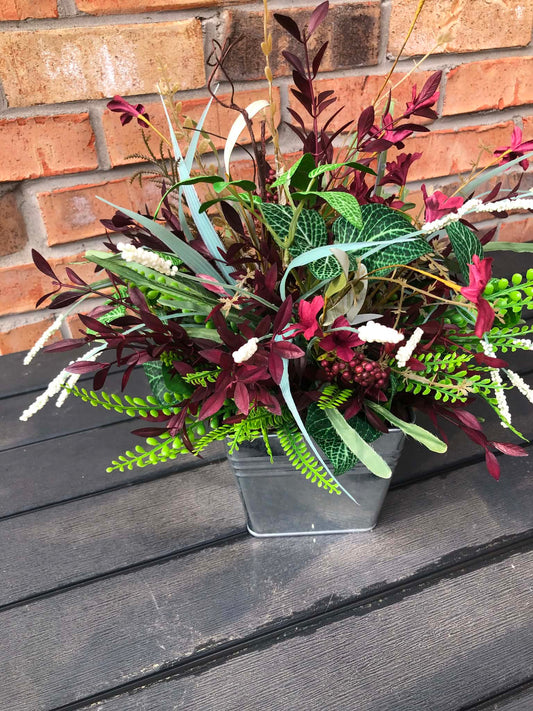 Faux Floral Greenery with Burgundy in Silver Square Pot