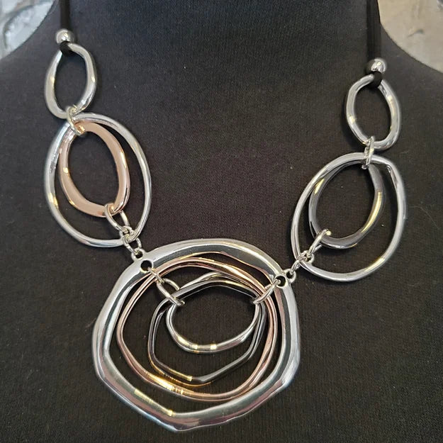 Silver, Rose Gold, Black Circles Necklace