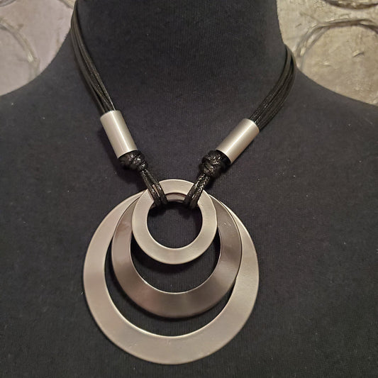 Silver and Black Circle Pendant Necklace and Earring Set