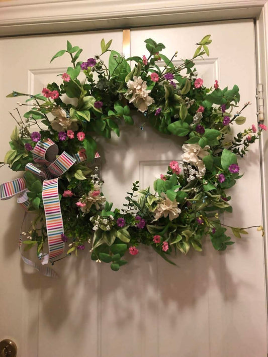 Spring Wreath with Striped Ribbon *Pick Up Only