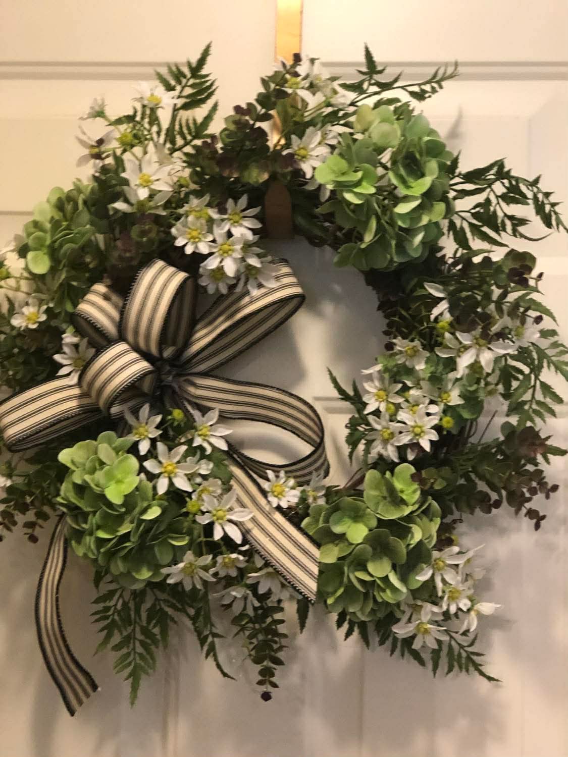 White with Green Wreath with Ticking Ribbon *Pick Up Only