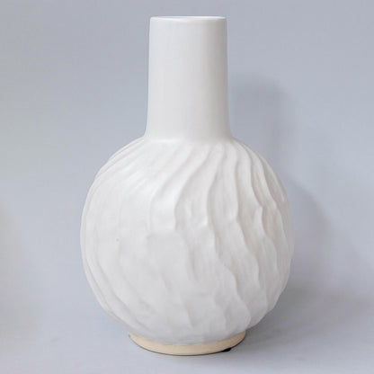 White Ceramic Vase with Embossed Wavy Lines