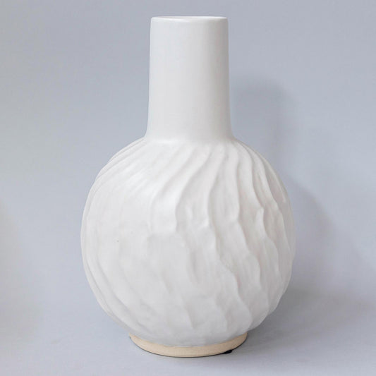 White Ceramic Vase with Embossed Wavy Lines