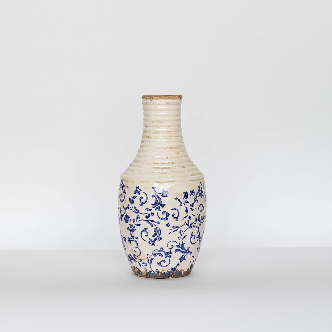 Blue Floral Vase with Tapered Neck - Tall