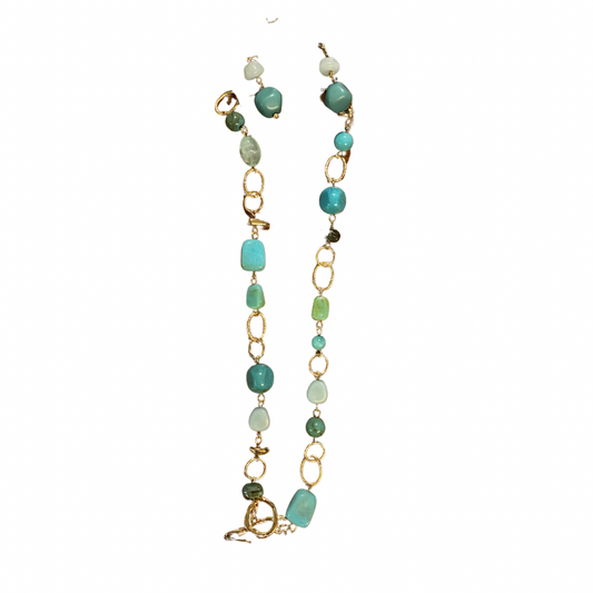 Rain - Gold Link Blue Bead Toggle Necklace Set