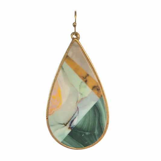 Rain - Green Agate Lines Teardrop Earrings