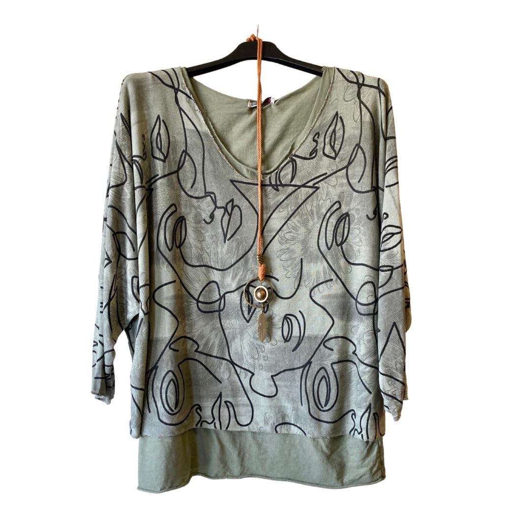Olive Green Floral and Face Print Two Piece Top with Necklace