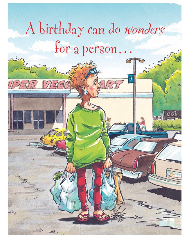 Woman Lost in Parking Lot Birthday Card