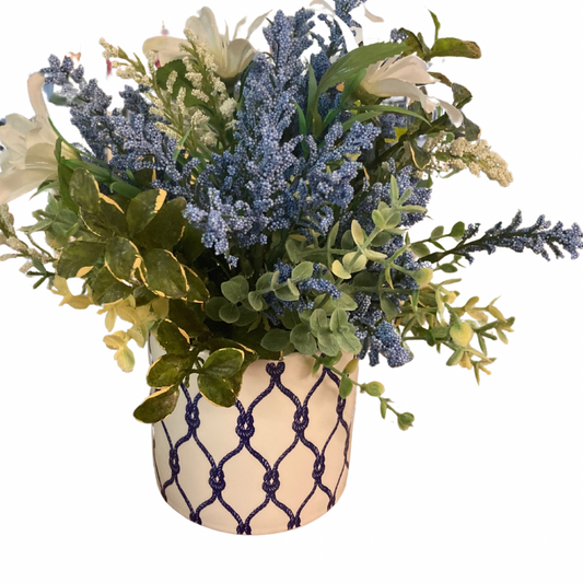 White with Blue Pot with White, Periwinkle and Green Floral Arrangement
