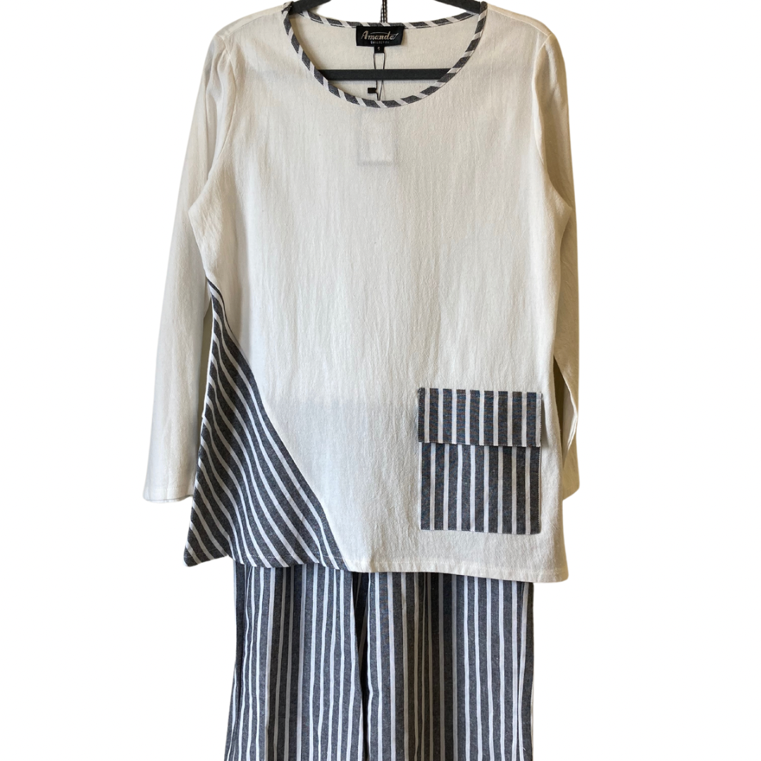White with Grey Striped Pocket Top with Striped Pants