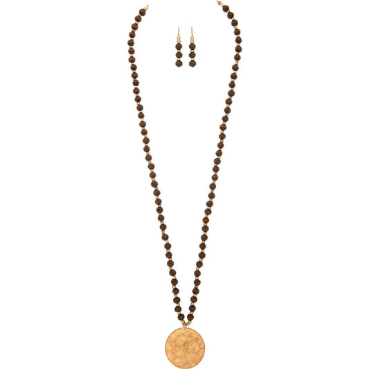 Gold Wood Bead Metal Disc Long Necklace Set