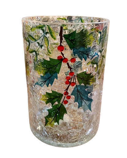 Crackle Glass Hurricane with Holly and Berries (Assorted Sizes)