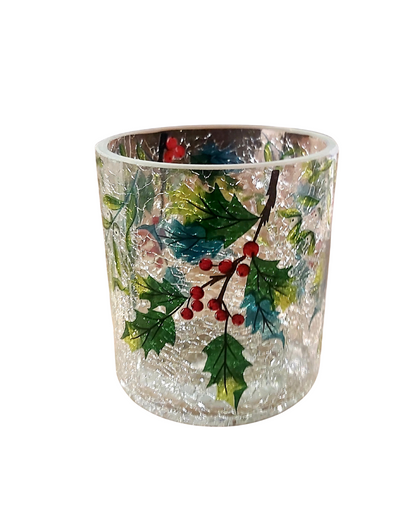 Crackle Glass Hurricane with Holly and Berries (Assorted Sizes)