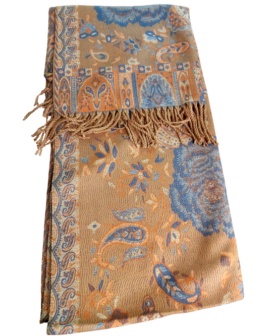 Circular Pattern Blanket Scarf - Tan with Orange and Blue
