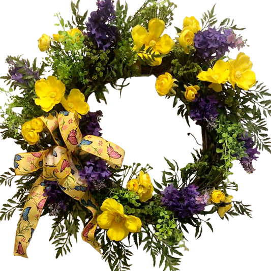 Yellow and Purple Floral Wreath with Butterfly Bow *Store Pick Up Only* - Joshua & Company