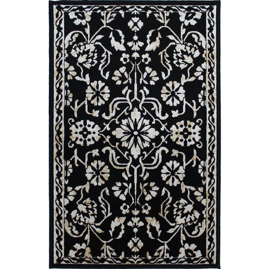 2'x4' Black and Beige floral pattern washable rug with low pile