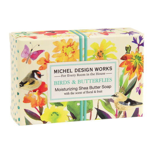 Birds and Butterflies bar soap with floral scent and yellow flowers and spring bird packaging 