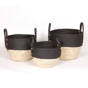Black and Natural baskets. Black handle and top with natural on the bottom half.