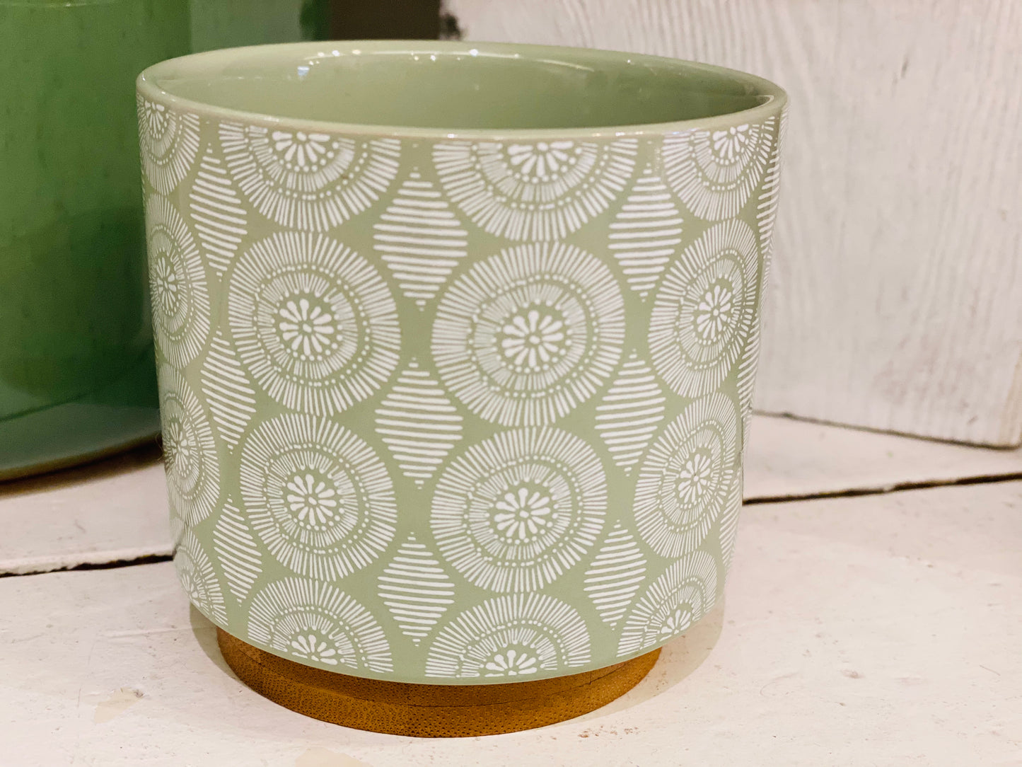 Candle Holder Sage Green with White Pattern & Bamboo Base