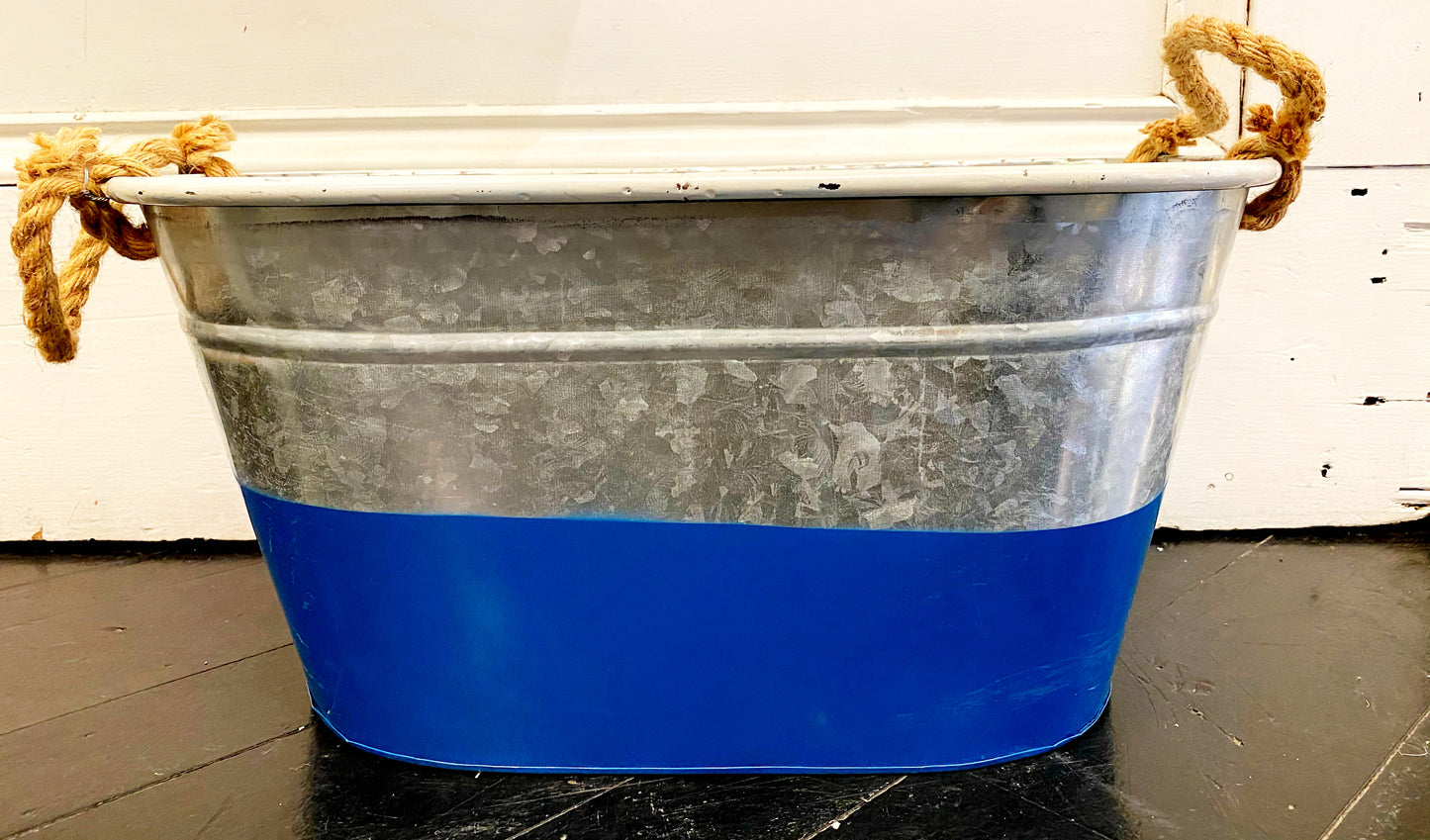 Large Galvanized Blue Bucket with Rope Handles
