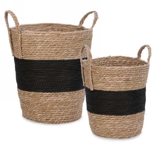 Natural woven Basket with handles and black stripe in the center