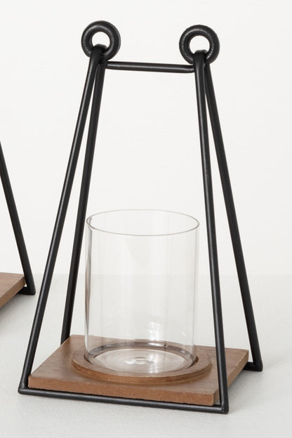 Black Metal with Wood and Glass Lantern