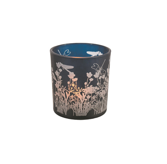 Navy Frost Flowers Tea Light Holder