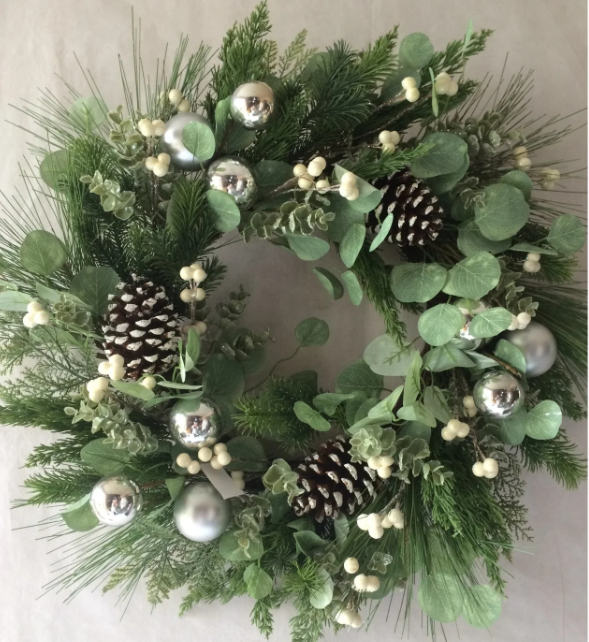 Frosted Greens with Pinecones, Berries, Silver Ornaments Wreath
